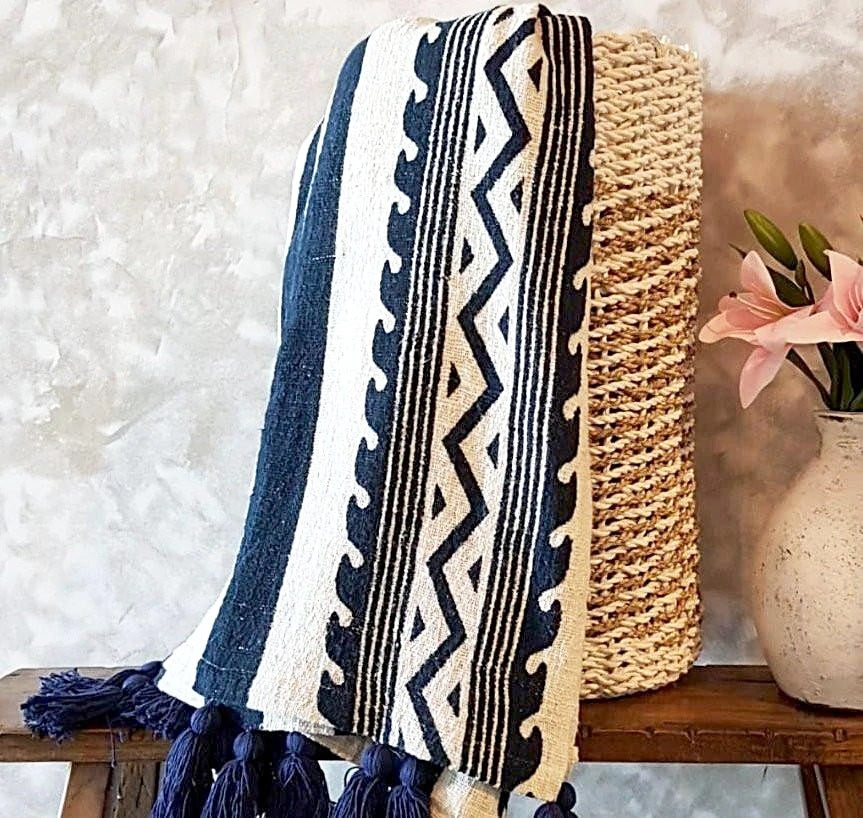 Navy and Ivory Wave Throw Blanket with Tassels