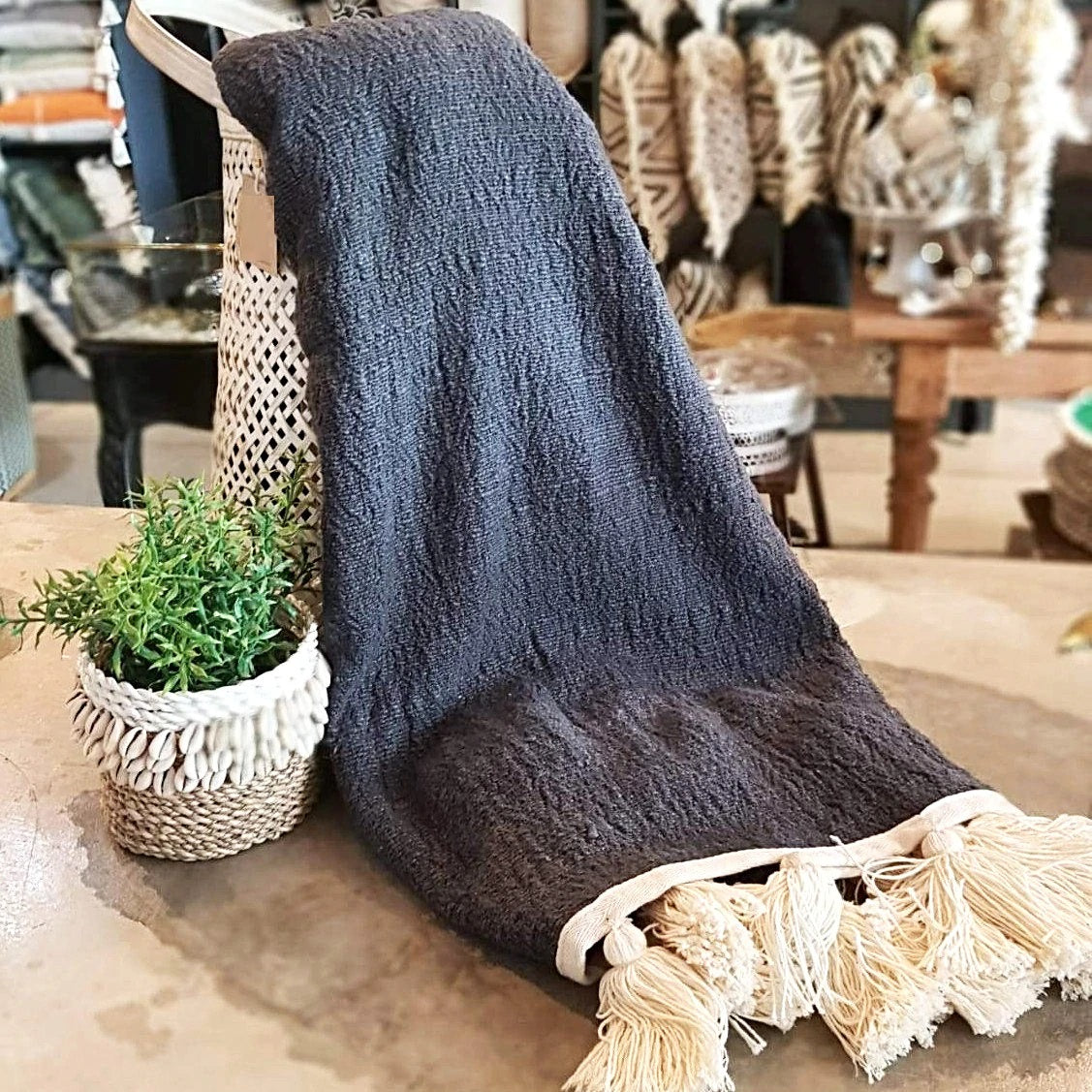 Charcoal IvoryThrow Blanket with Tassels