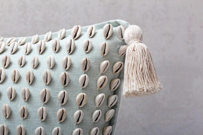 Square Light Blue Tassel Pillow with Cowrie Shells