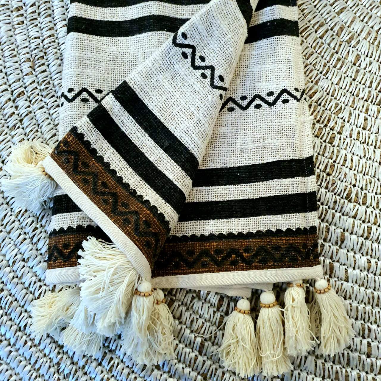 Tribal Throw Blanket With Ivory Beaded Tassels - bohemian-beach-house