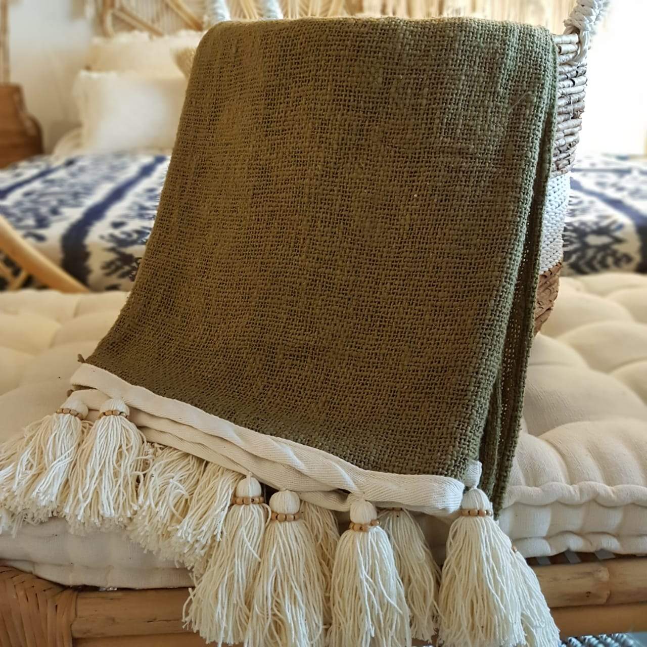 Gorgeous Forest Green Throw Blanket With Beaded Tassels - bohemian-beach-house