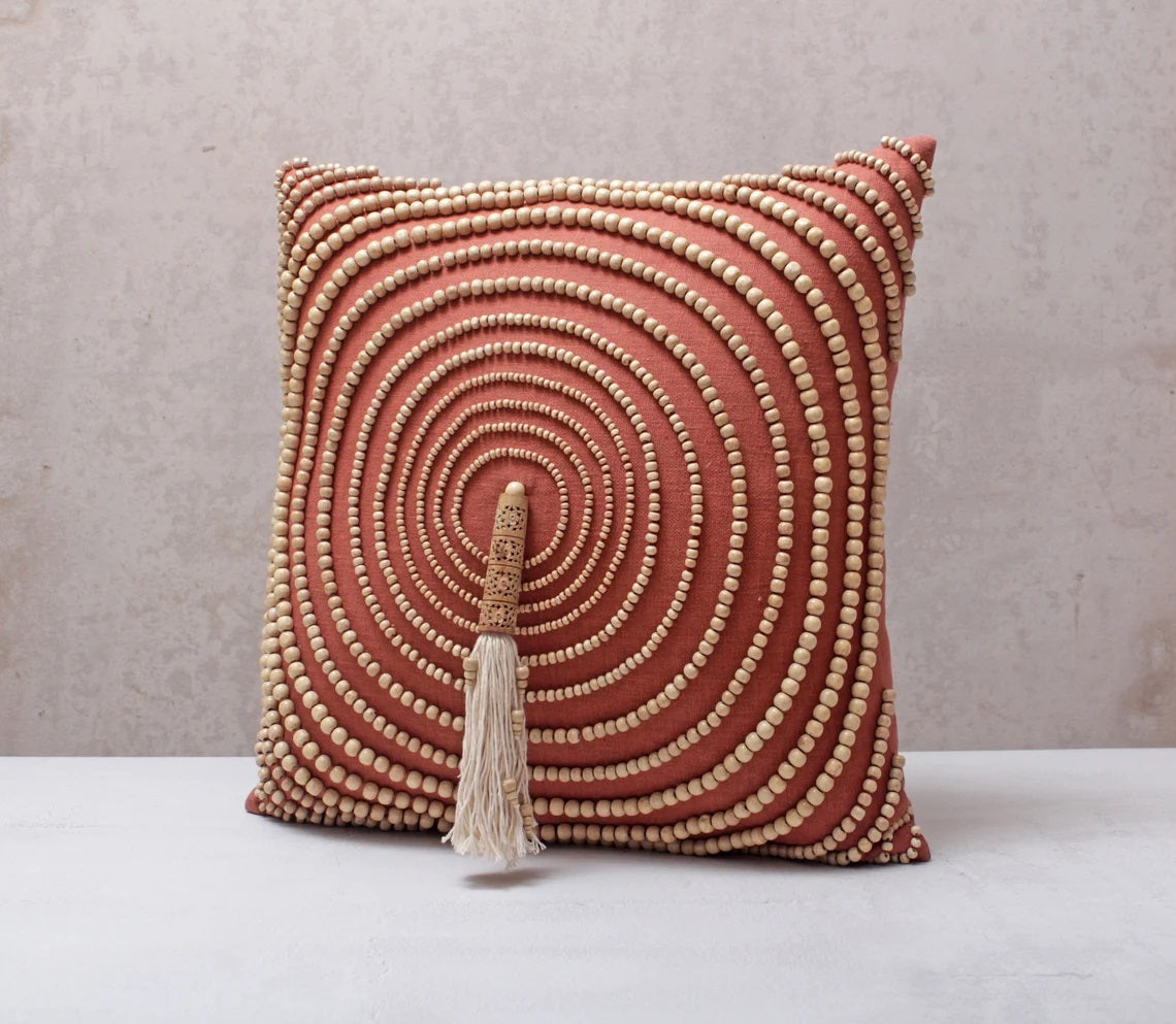 Hand Embroidered Bohemian Rust Beaded Pillow