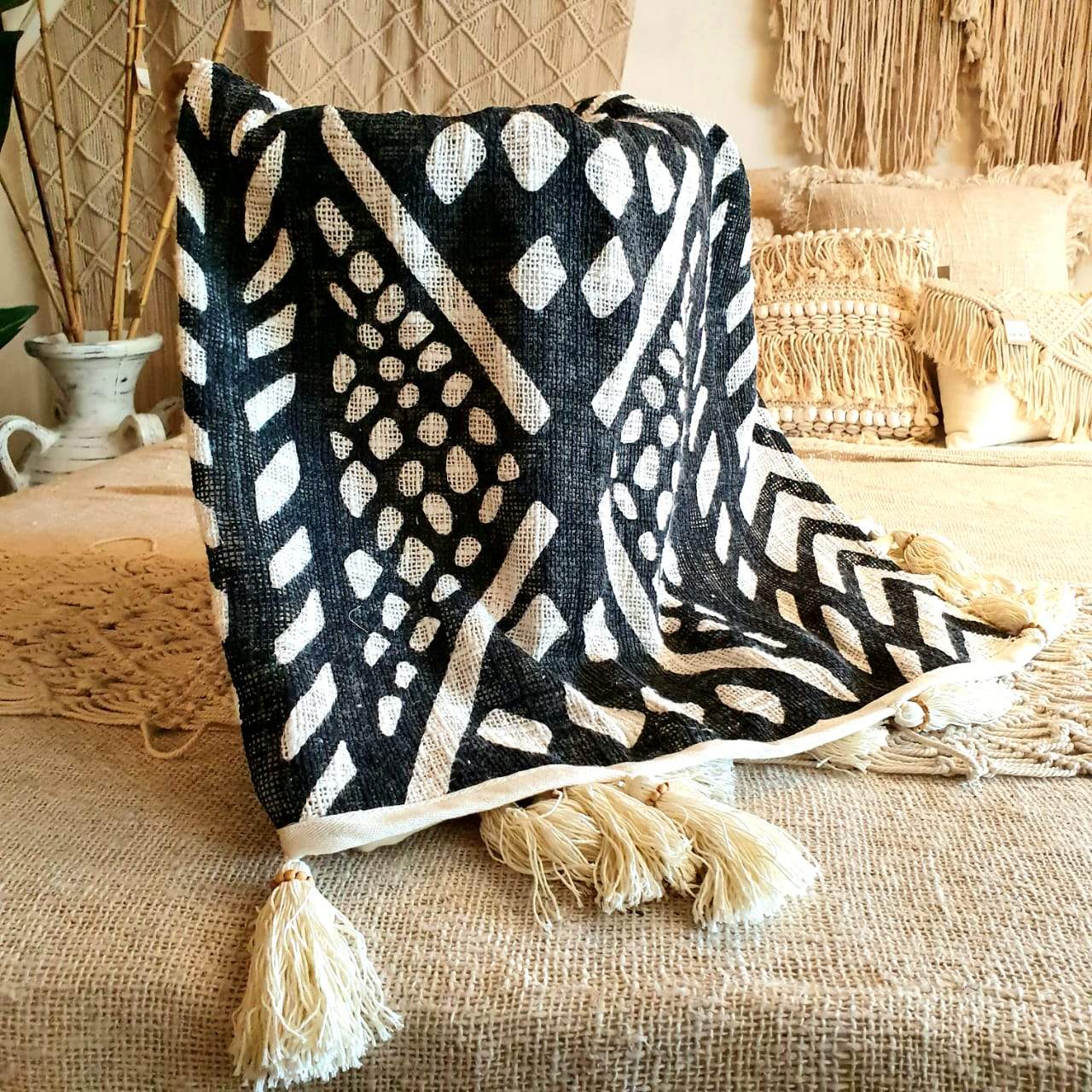 Tribal Print Throw Blanket with Beaded Tassels - bohemian-beach-house