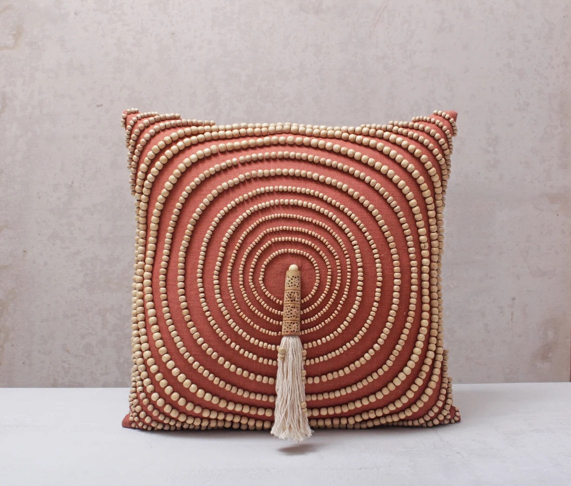 Hand Embroidered Bohemian Rust Beaded Pillow