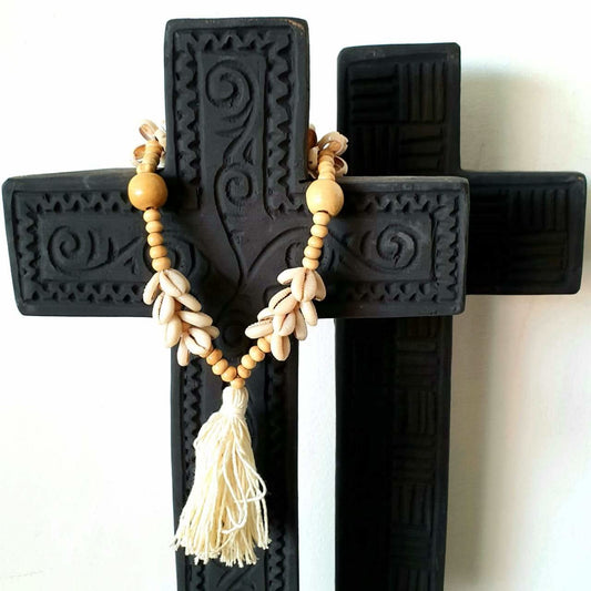 Hand Carved Wooden Cross in Black Tribal - bohemian-beach-house