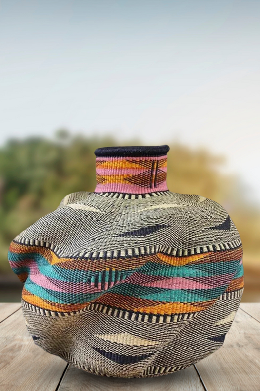 Large twist weave Tribal Ghana Basket in Pastel Pattern