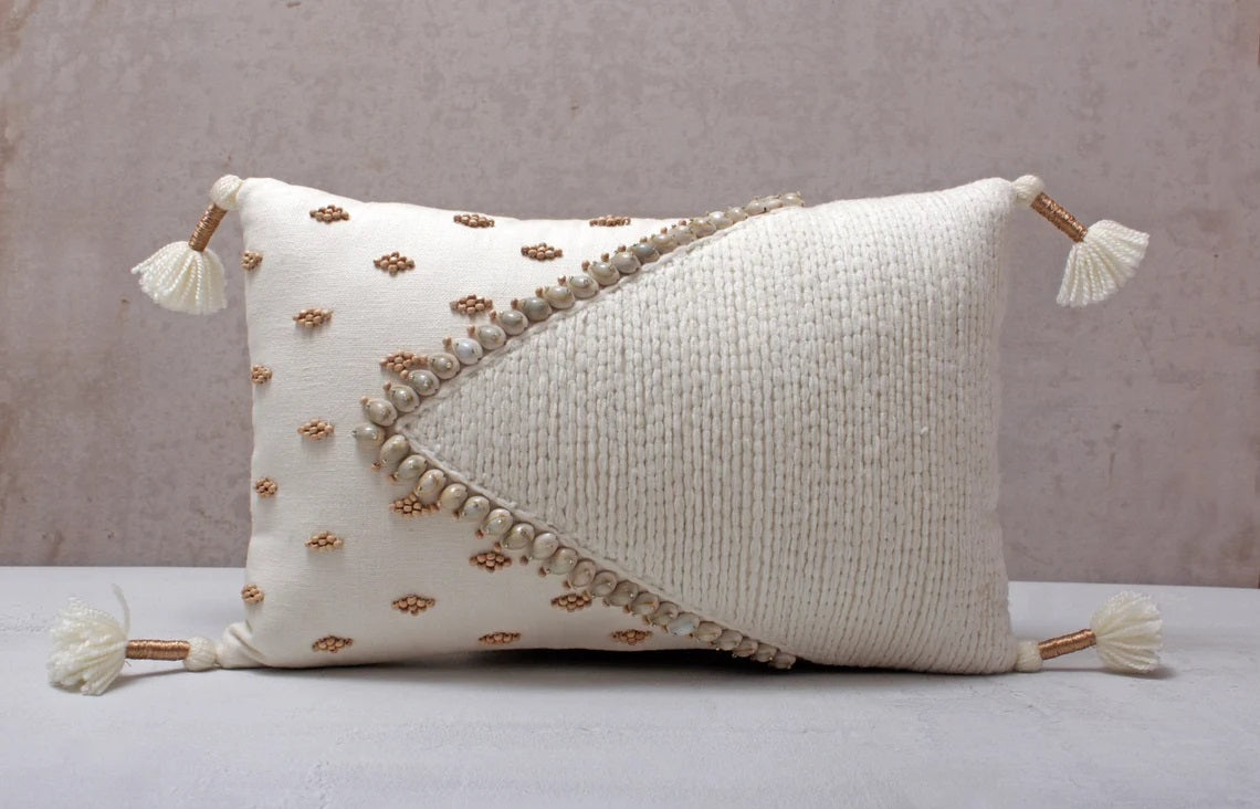 Hand Embroidered Bohemian Ivory Lumbar Pillow