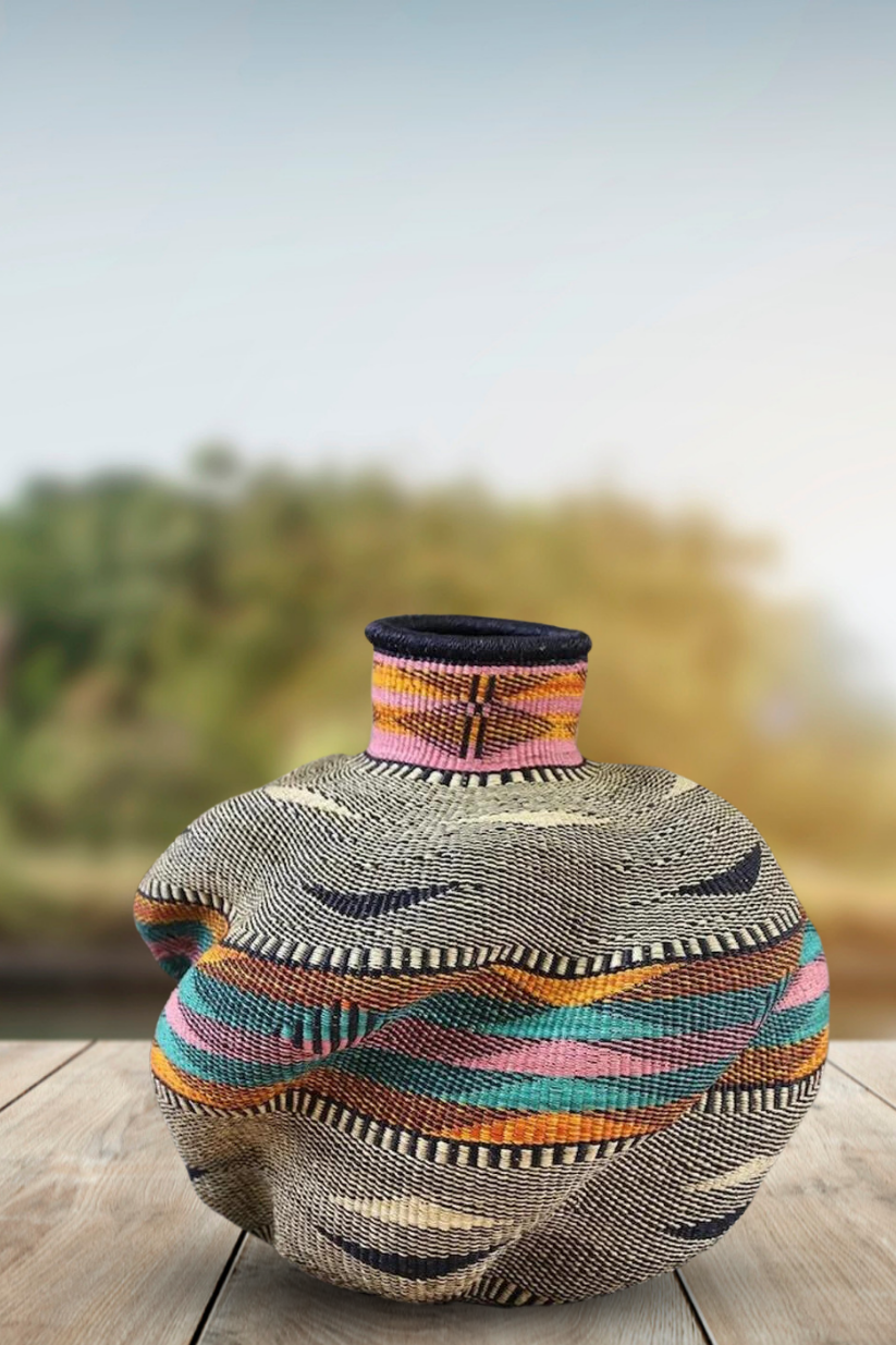 Large twist weave Tribal Ghana Basket in Pastel Pattern