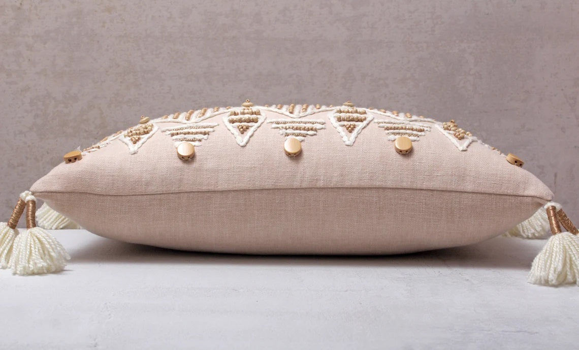 Hand Embroidered Bohemian Peach Lumbar Pillow