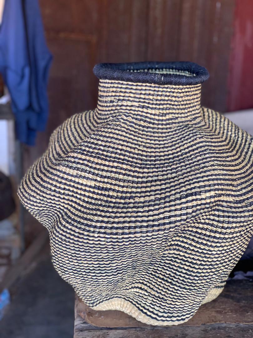 Large twist weave Tribal Ghana Basket in Black Stripes
