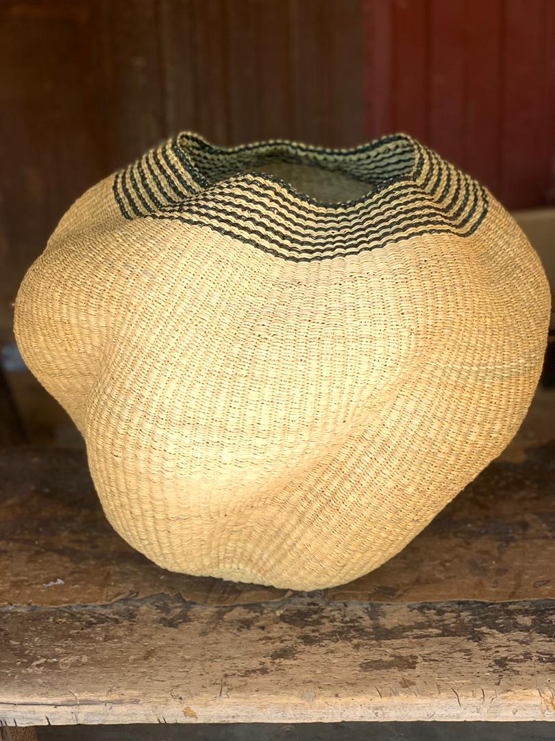 Large twist weave Ghana Basket in Natural with Black Trim