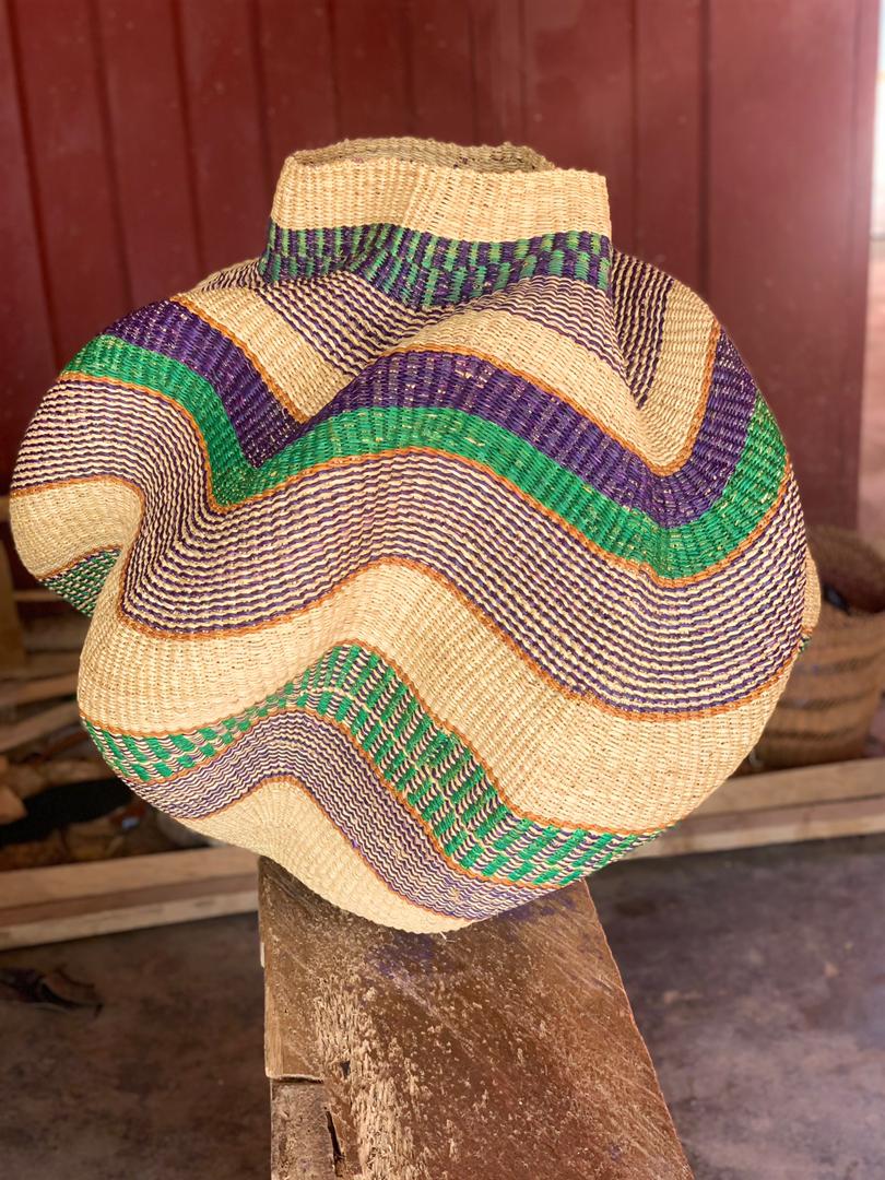 Large twist weave Tribal Ghana Basket in Natural, Blue and Green